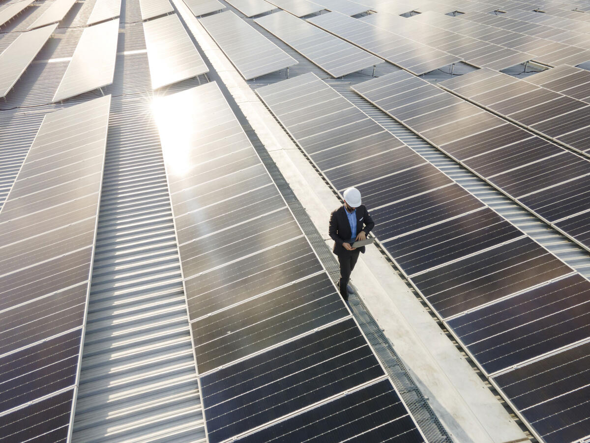 A person monitoring a solar plant using a tablet