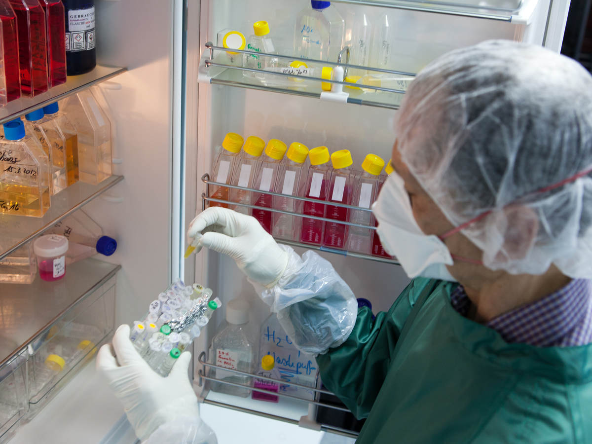 scientist looking inside refrigerator with vaccines