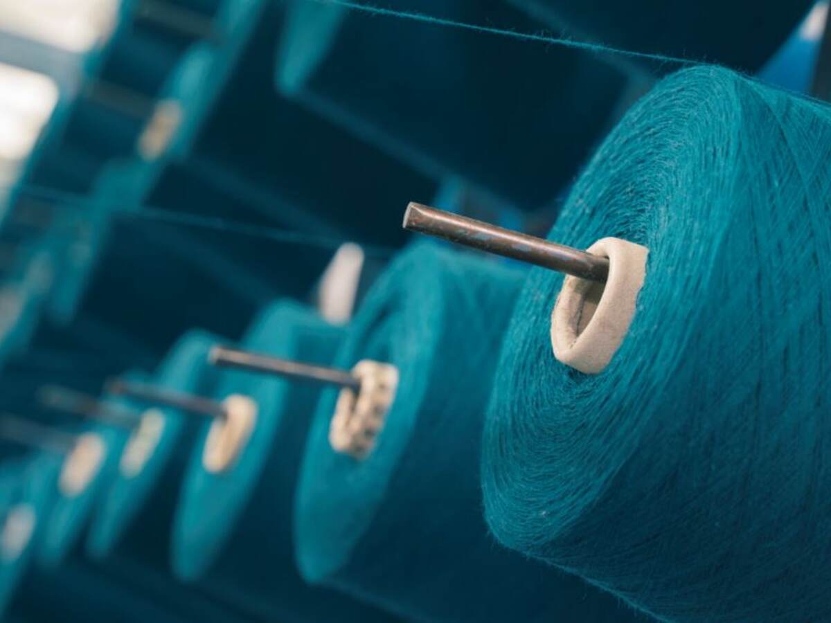 Colored yarn spools of industrial warping machine in textile factory